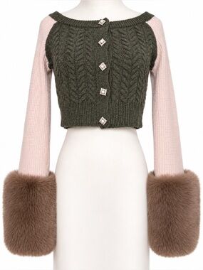 IZAAK AZANEI Cropped Wool Knit Sweater with Faux Fur Cuffs